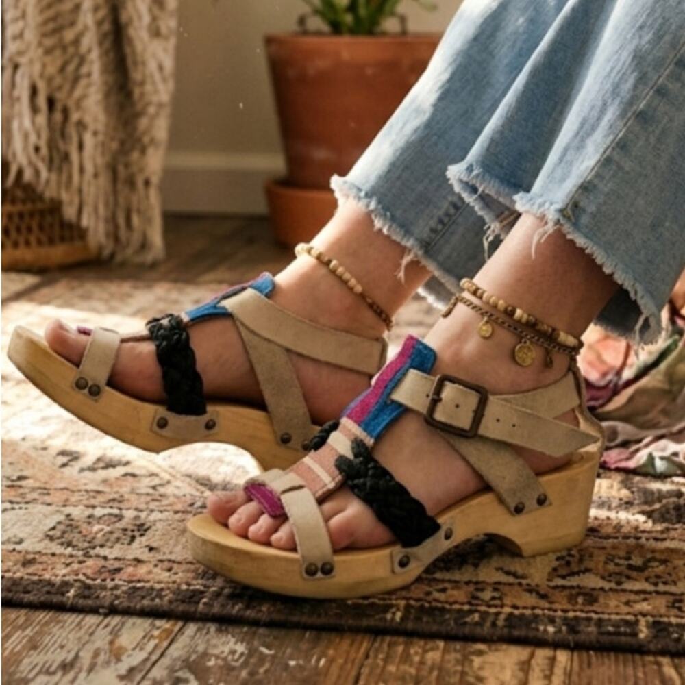 Rosa Mosa Anthropologie leather wooden clogs sandals strappy boho indie 37